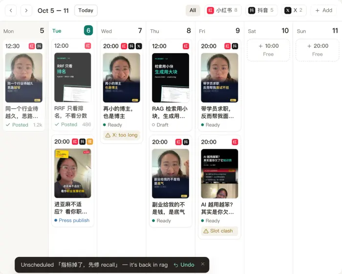 Écran de publication : un calendrier de la semaine, avec les clips placés par jour et par plateforme, marqués prêts, brouillons ou publiés.