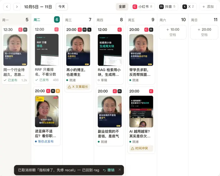 发布界面：一周的日历，每天按平台排好片段，分别标着待发、草稿或已发布。