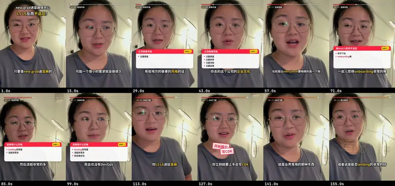 A contact sheet of vertical clips of the creator speaking, each with burned-in captions and a short notes panel.